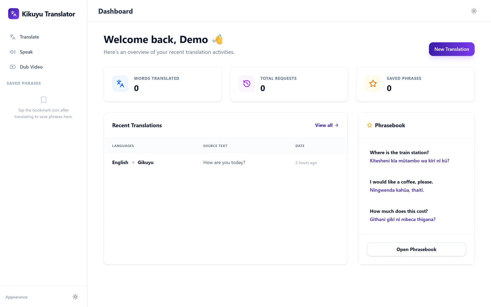Translator dashboard with recent translations and a Gikuyu phrasebook