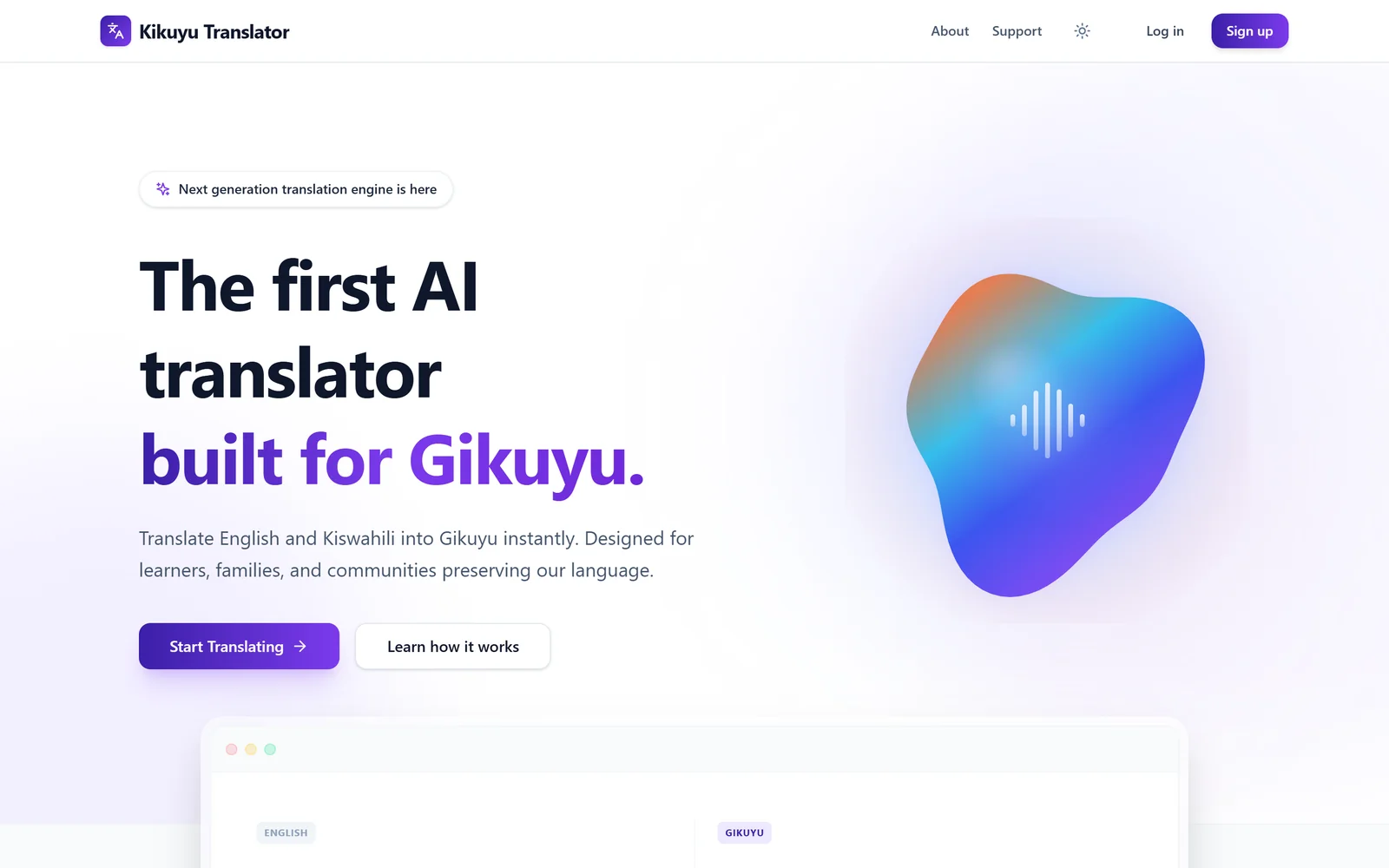Gikuyu AI Translator home: the first AI translator built for Gikuyu