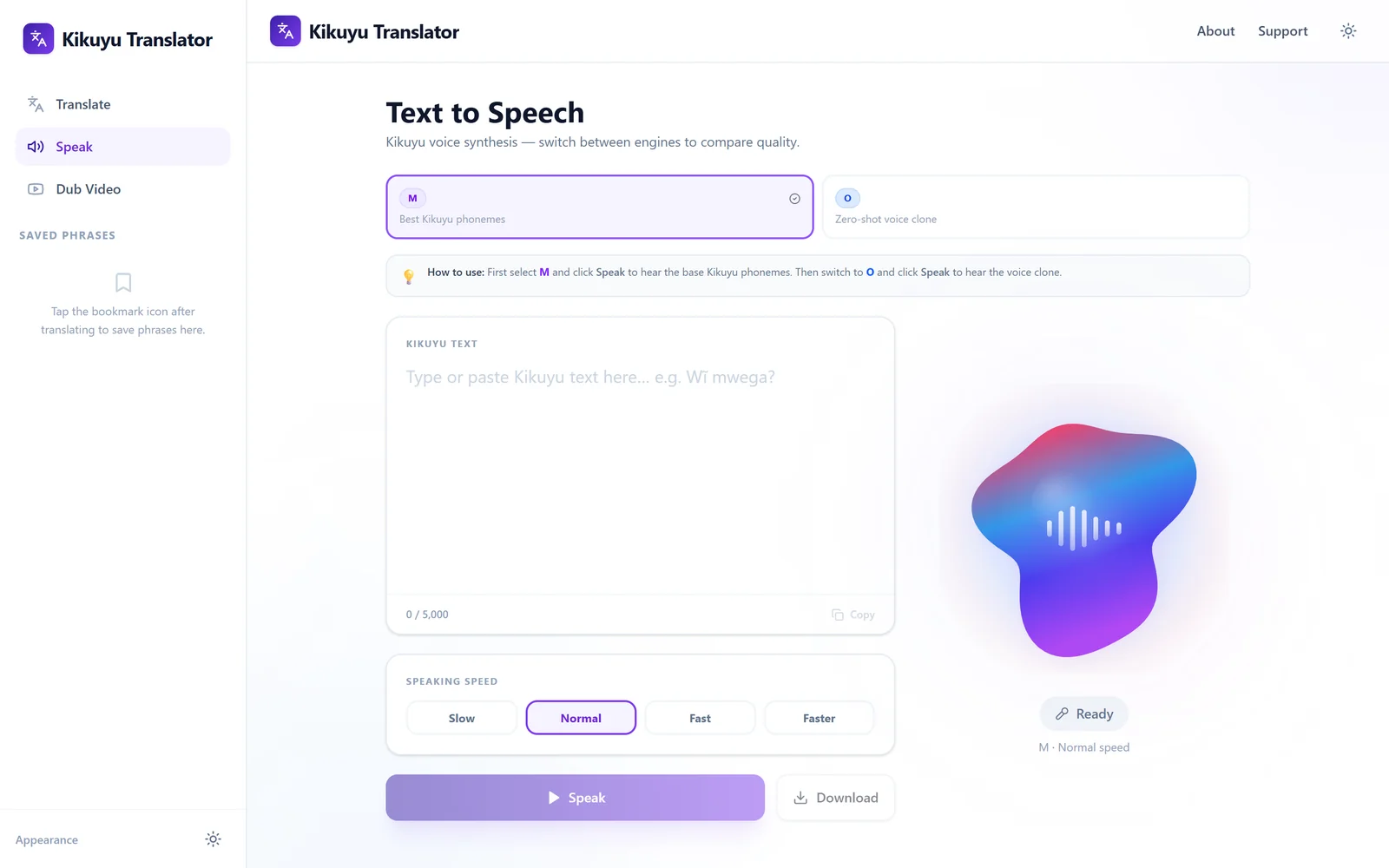 Gikuyu text-to-speech with engine and speed controls