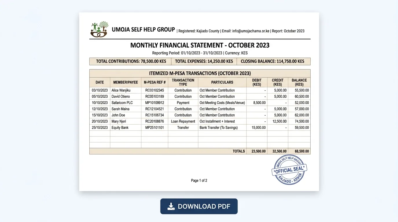 Monthly financial statement generated for the group